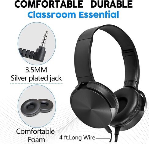 Classroom Headphones Bulk 10 Pack,Students On Ear Headsets,Comfy Swivel Earphones for Computer,School,Library,Airplane,for Online Learning and Travel,Premium Stereo Sound 3.5mm Jack (Black) in Saudi Arabia