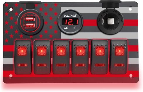 6 Gang Rocker Switch Panel with American Flag Pattern Waterproof Marine Aluminum Switch Panel with 5 Pin ON/Off Toggle Switch+5V/4.8A Dual USB Charger+Digital Voltmeter+Power Socket(Blue LED) in Saudi Arabia