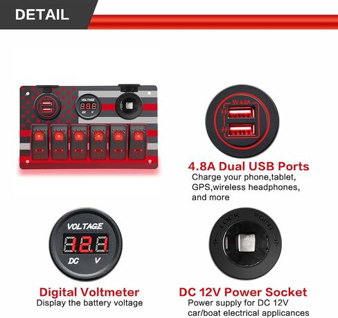 6 Gang Rocker Switch Panel with American Flag Pattern Waterproof Marine Aluminum Switch Panel with 5 Pin ON/Off Toggle Switch+5V/4.8A Dual USB Charger+Digital Voltmeter+Power Socket(Blue LED) in Saudi Arabia