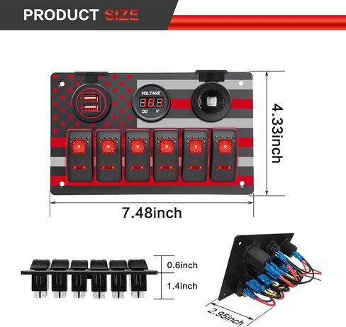 6 Gang Rocker Switch Panel with American Flag Pattern Waterproof Marine Aluminum Switch Panel with 5 Pin ON/Off Toggle Switch+5V/4.8A Dual USB Charger+Digital Voltmeter+Power Socket(Blue LED) in Saudi Arabia
