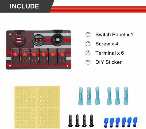 6 Gang Rocker Switch Panel with American Flag Pattern Waterproof Marine Aluminum Switch Panel with 5 Pin ON/Off Toggle Switch+5V/4.8A Dual USB Charger+Digital Voltmeter+Power Socket(Blue LED) in Saudi Arabia