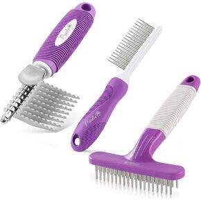 Poodle Pet Dematting Fur Rake Comb + Detangling Pet Comb + Dog Grooming Rake Bundle