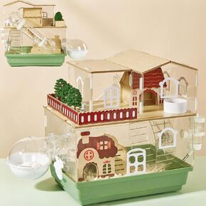 12 in 1 Clear Acrylic Hamster Cage with All Accessories,13.5''L* 10''W* 15''H Dwarf Hamster Cage,Magnetic Connection Small Hamster Enclosure,Garden Style Wooden Pet Mouse Cage for Pet Mice(2-Layer)