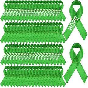 Yinder 100 Pcs Mental Health Awareness Ribbon with Safety Pins Bulk Green Satin Lapel Hope Ribbon Pins for Women Men Mental Health Awareness Charity Public Social Event