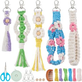 infunly 5 مجموعات DIY MACRAME FLOWER -keychain kits macrame keychains مع تعليمات مجموعات BOHO COTTON CORM