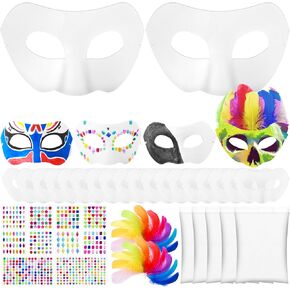 Leyndo 24 Pack Paper Mache Masks Mardi Gras Masks with Gem Stickers and Craft Feathers DIY Blank Mask for Masquerade(Half Face)