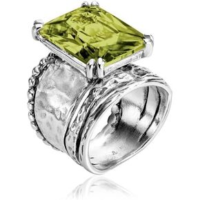 JEAN RACHEL JEWELRY 925 Sterling Silver Ring - Hammered Vintage Design with Octagon Shaped Cubic Zirconia - Hypoallergenic, Lead & Nickel Free - Artisan Handcrafted Statement Rings for Women