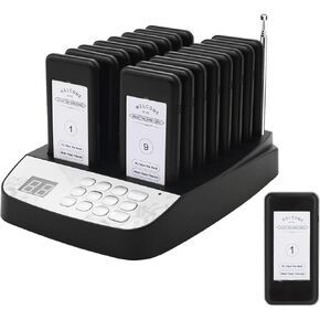 Restaurant Pager System, 16 Wireless Pagers for Restaurants, Set with Vibration, Flashing and Buzzer, Restaurant Buzzers for Church, Hospital, Bar, Hotel,Truck (Black)