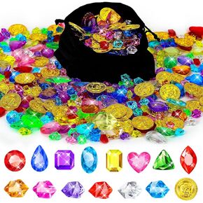 MARFOREVER 480 Pieces Pirate Treasure Pool Toy Gems, Plastic Pirate Gold Coins Acrylic Bling Gemstones Colorful Fake Diamonds for Pirate Adventure Party Decorations Kids Summer Sand Toy Favors Gifts