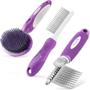 Detangling Pet Comb + Dematting Fur Rake Brush Tool + Round Bristle Pet Brush Bundle