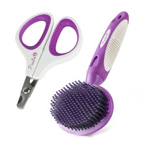 Poodle PetBundle - Round Bristle Pet Brush for Dematting and Detangling Dogs and Cats + Cat Nail Clipper, Pet Claw Scissors Professional Grooming Tool