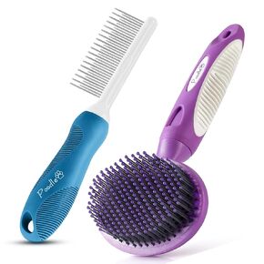 Poodle Pet Bundle - Round Bristle Pet Brush for Dogs and Cats + Blue Detangling Pet Comb For Removing Matted Hair and Knots, Safe and Gentle for Dogs and Cats