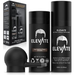 ELEVATE Hair Perfecting 3-in-1 Kit Set Includes Natural Hair Thickening Fibers & Spray Applicator Pump Nozzle & Locking Setting Hold Hair Spray | Instantly Conceal Balding Hair Areas (Dark Brown)