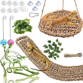 HERCOCCI Bearded Dragon Tank Accessories, Reptile Hammock Natural Seagrass Fiber Habitat Decor Flexible Vines Terrarium Toys for Climbing, for Anole Bearded Dragon Lizard Gecko