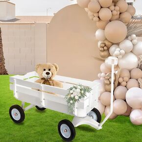 العربة من جميع التضاريس ، وعربة زفاف بيضاء شديدة التحمل والزهور ، وعربة الفولاذ والخشب ، والخشب ، مع عربات ، مع مقبض عريض ، جوانب وعجلات ، مثالية لحفل زفاف في الهواء الطلق