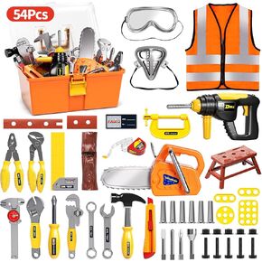 Deejoy Kids Tool Set with Electric Saw & Electronic Toy Drill, 54Pcs Pretend Play Kids Construction Set for Toddler 3-5 Years Old, Toddler Tool Set-Pink