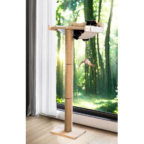 Cat Window Perch with Scratching Post, 46" Adjustable Tall Scratching Posts & Suction Cup – Multi-Level Perch for Climbing, Bird Watching, and Play, Supports 45 lbs (Drilling-Free)
