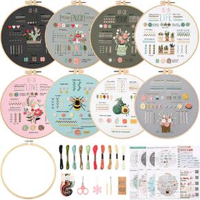 Wovnet 8 مجموعات مجموعة التطريز للمبتدئين المبتدئين مجموعات غرزة للبالغين مختومة نمط زهرة ناديات الإبرة المشاريع الفنية تشمل خيوط الأطواق القماشية للتطريز (زهرة) in Kuwait