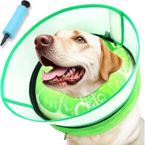Inflatable Dog Cone Collar with Transparent Anti-Licking Shield, Soft Adjustable Elizabethan Collar for Medium Large Dogs, 2-in-1 Design with Detachable Design and Comfortable Padding (L, Watermelon)