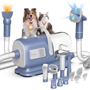 Dog Grooming Vacuum and Dryer Kit 7-in-1 Dog Grooming Kit with Hair Clipper, Effective Tools for Home Pet Grooming, Easy Cleanup, Versatile Accessories - Blue Grey
