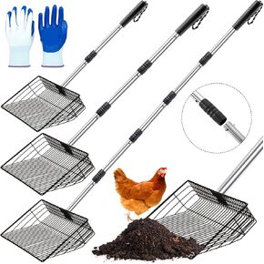 10 inch Large Chicken Poop Scooper for Poop With Glove 5 in 1 Multi-Func Heavy Duty Metal 37 to 68" Long Handle Chicken Coop Scoop Scooper for Sand Sifting Shovel for Chicken Coop Rake Cleaning Tools