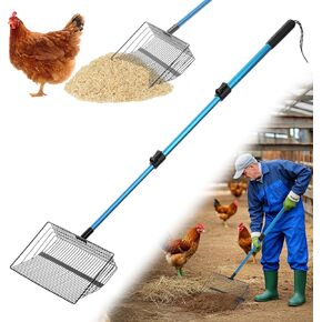 Chicken Poop Scooper: 22"-42" Extendable Long Handle Metal Chicken Coop Scooper with 2 Detachable Heavy Duty Litter Sifting Shovel | Chicken Coop Accessories