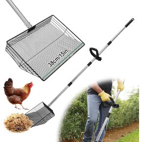 15-inch Chicken Poop Scooper with Ergonomic Grip, Adjustable 24"-63" Handle, 4-in-1 Multifunctional Litter Scoop for Chicken Coop, Goat Stall, Stable, and Pet Waste Cleanup