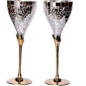 Vintage Royal Handmade Brass Champagne Flutes - Silver Plated Brass Goblet Wine Glass - Set of 2 Engraved Champagne Flutes, Gothic Chalice Drinkware for Wedding Christmas Housewarming Gifts