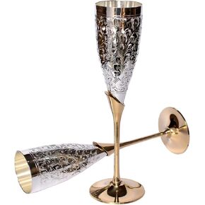 Solid Brass Champagne Flutes - Silver Plated Goblet Wine Glass - Set of 2 Wedding Champagne Handmade Flutes, Gothic Chalice Drinkware for Wedding Christmas Housewarming Gifts, Engraved Brass Goblet