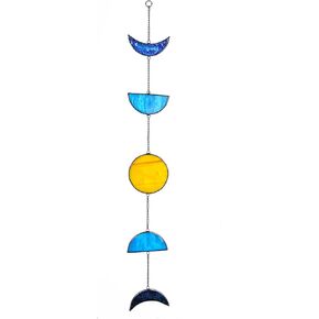 Celestial Blue Stained Glass Sun and Moon Window Hanging Handmade Stained Glass Suncatcher Boho Home Decor Sun Catcher for Indoor Window Panel Mystic Gift for Women