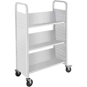 Library Book Cart, Black 3-Layer Single-Sided Book Cart, V-Shaped Bookshelf with Lockable Rolling Pulleys Suitable for Library, Classroom, Office
