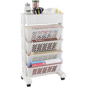 5-Tier Plastic Multi-Functional Book Storage Utility Cart, Rolling Bookcase, Mobile Bookshelf