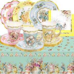 Tea Party Supplies Floral Party Dinnerware 12 Set Paper Tea Cups and Saucers, Plates Napkins Tablecloth Spring Birthday Mother's Day Table Decorations Girls Kids Adults Woman