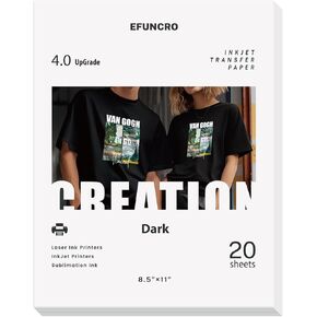Efuncro 8.5" x 11" Heat Transfer Paper 20 Sheets for T-Shirts, Mugs, and Custom Printing Compatible with Inkjet & Laser Printers Printable Heat Transfer Vinyl for Dark Fabric