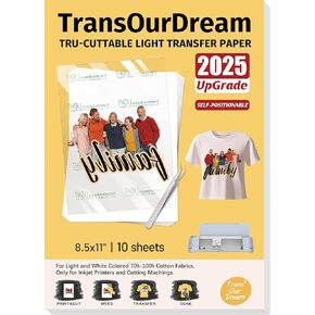 TransOurDream Heat Transfer Paper for t Shirts Heat Press (10 Sheets, 8.5"x11") Printable Heat Transfer Vinyl for Inkjet Printer Light Iron on Transfers for Tshirts Cuttable & Self-Positionable