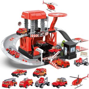 deAO Fire Station Playset with Fire Truck, Helicopter, Vehicle Firefighting Playset Pretend Play Toy Preschool Learning Educational Toys for Toddllers