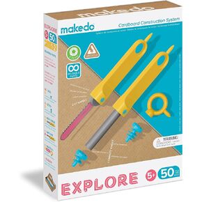 Makedo Explore | Upcycled Cardboard Construction Toolkit in Small Toolbox (50 Pieces) | STEM + STEAM Educational Toys for at Home Play + Classroom Learning | Reusable Tools for Boys and Girls Age 5+