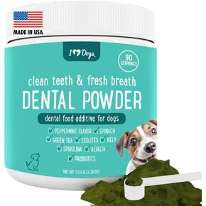 iHeartDogs Clean Teeth & Fresh Breath Dental Powder for Dogs - Targets Tartar & Bad Breath - Natural Herbal Blend with Kelp, Probiotics - Mint, 90 Servings