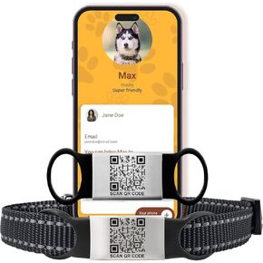 Smart Slide-on QR Code Pet Tag-Silent Dog & Cat ID علامة مع نقش بالليزر-الفولاذ المقاوم للصدأ وسيليكون-لا حاجة إلى تطبيق-ملف تعريف مخصص للحيوانات الأليفة-يناسب معظم الياقات (أسود ، صغير)