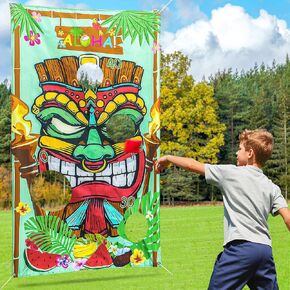 Novelty Place Hawaii Luau Party Toss Game Set Banner with 4 Bean Bags - Fun Summer Tiki Luau Party Activities for Kids, Tropical Carnival Outdoor Games and Decorations