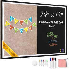 Magnetic Chalkboard Felt Bulletin Board Combination, 24"x18" Large Blackboard & Felt Cork Board Combo, Self-Adhesive Push Pins Vision Board for Home, School and Office