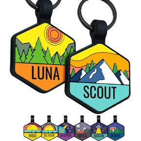 GoTags Silicone Dog Tag with Design, Silent Personalized Engraved Dog and Cat Name Pet ID Tags, Soundless No More Jingling Dog Tags Outdoor Colorful Designs, Mountain, Forest and Space Theme