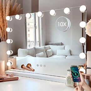 Kottova Vanity Mirror with Lights,23×18" Makeup Mirror,Hollywood Mirror with 15 LED,3 Color Modes & Detachable 10X Magnification Mirror,Slim Metal Frame Design,Smart Touch Control,Plug in