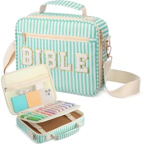 Bible Cover Case for Women Large Chenille Letter Stripe Church Bible Bag with Shoulder Strap for Women(Pink)