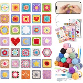 طقم Coopay Granny Square Card Deck Crochet Kit للمبتدئين ، مجموعة الكروشيه ، مجموعة الكروشيه الكاملة ث/18 ألوان خيوط و 3 كتب كروشيه مربعة مربعة ، سطح بطاقة كروشيه - 50 مزيج ومطابقات التصاميم