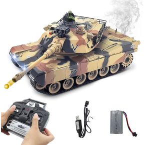 دبابة التحكم عن بُعد 1:18 ألعاب طراز الخزان RC ، 2.4 جيجا هرتز مركبة دبابات جيش M1A2 مع الدخان والصوت والأضواء ، دبابة عسكرية تطلق BBS والقنابل المائية للبالغين والأطفال
