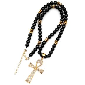 ElisaJewelryArt - Natural Black Onyx Beaded Zirconia Ankh Pendant Necklace Genuine Gemstone Stress Stone Clasp Closure Necklace Unisex Necklace (18, Black Onyx)