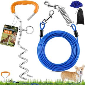 Lanney Dog Tie Out Cable and Stake ، تقدم سلسلة مقود 30 قدمًا مع خطاف الدوران وربيع الصدمة للخارج في التخييم ، حصة أرضية شاقة 16 بوصة للكلاب الكبيرة المتوسطة تصل إلى 125 رطلاً