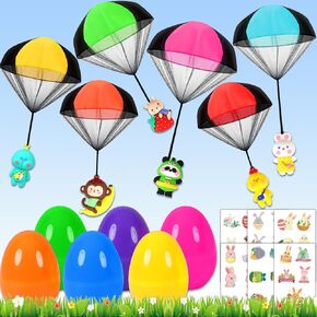 6 Pack Prefilled Easter Eggs with Parachute Toys Inside, Parachute Toys for Kids with 35 Pcs Easter Temporary Tattoos Easter Basket Stuffers Easter Egg Fillers Gifts