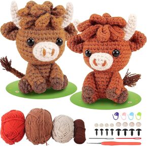 2PCS Highland Cow Crochet Kit للمبتدئين ، مجموعة كروشيه بداية مع دروس فيديو خطوة بخطوة ، والغزل والخطاف ، هدية Amigurumi DIY Craft للأطفال والبالغين ، تساعد على تحسين التركيز